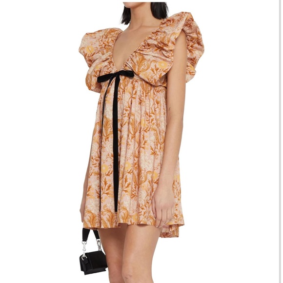 Floral Orange Dress with Black Bow - Picture 2 of 5